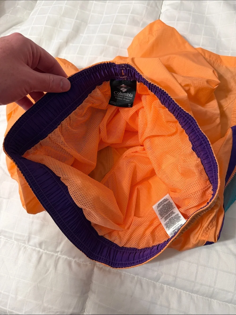 Columbia Peach Orange Shorts with Teal Mesh and Purple Trim